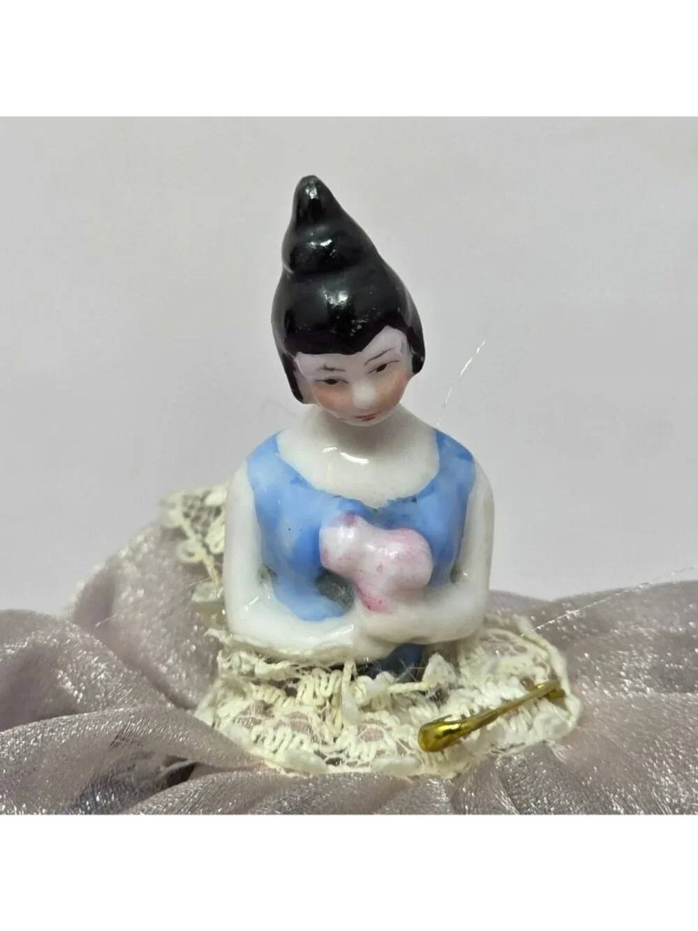Antique Style Porcelain Half Doll Pin Cushion Lace Skirt Sewing Figurine